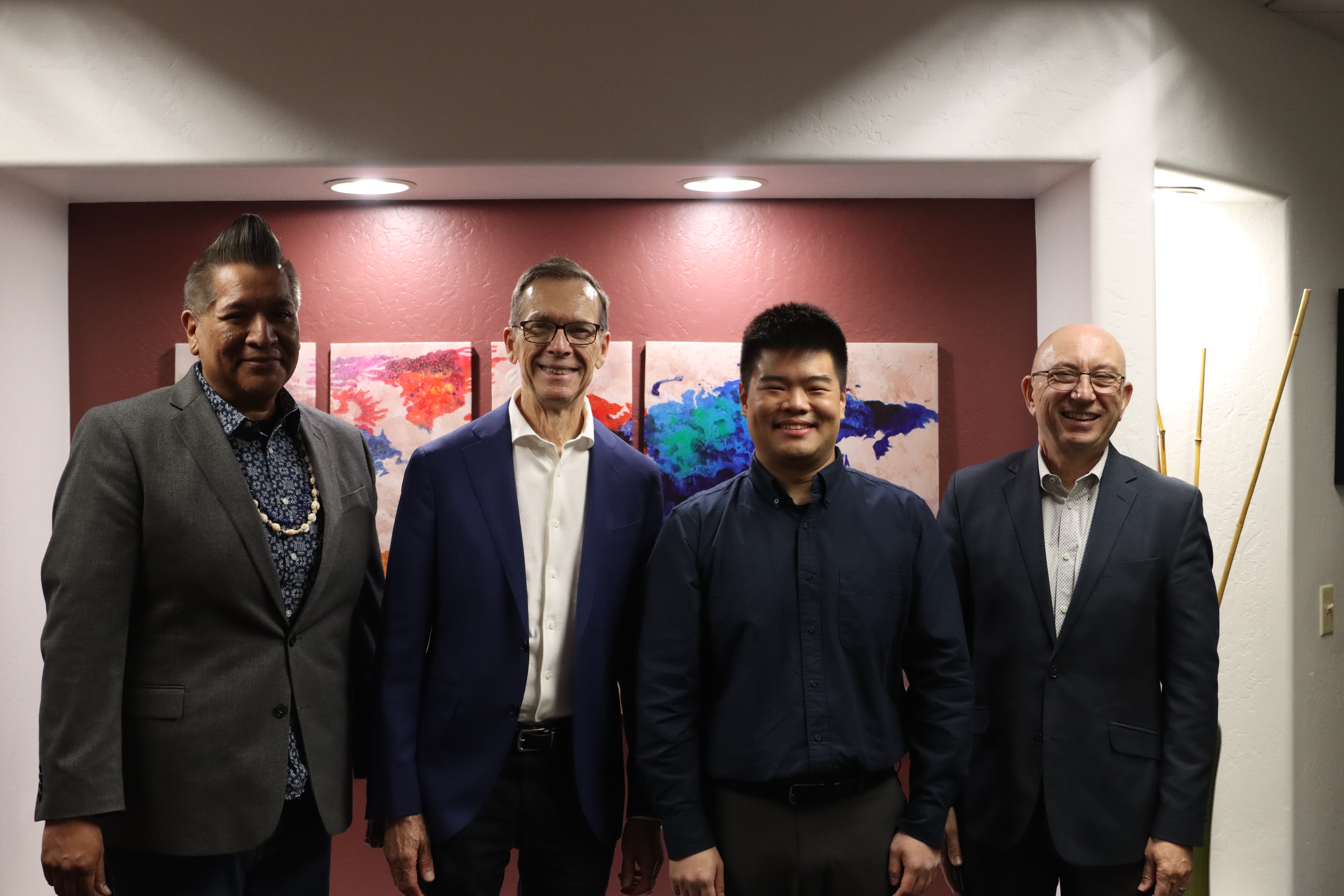 Chao-Kai Huang with his committee: Matt Ignacio and Stephen Kulis, and Flavio Marsiglia, his chair on Friday, April 11, 2025 in the GCAHR office. (Collin Hodge/ASU)