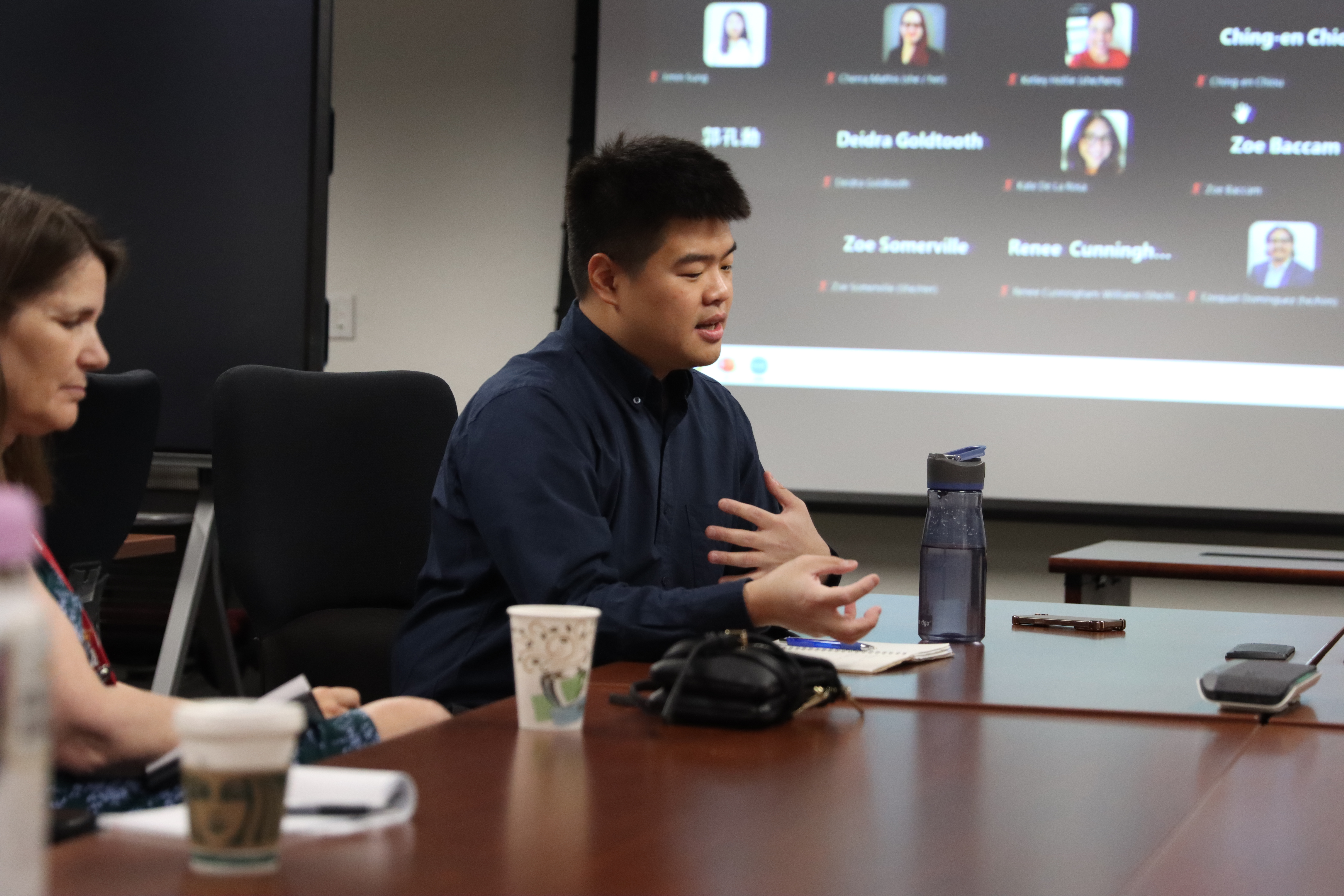 Chao-Kai Huang answers questions from his committee on Friday, April 11, 2025 in the GCAHR office. (Collin Hodge/ASU)